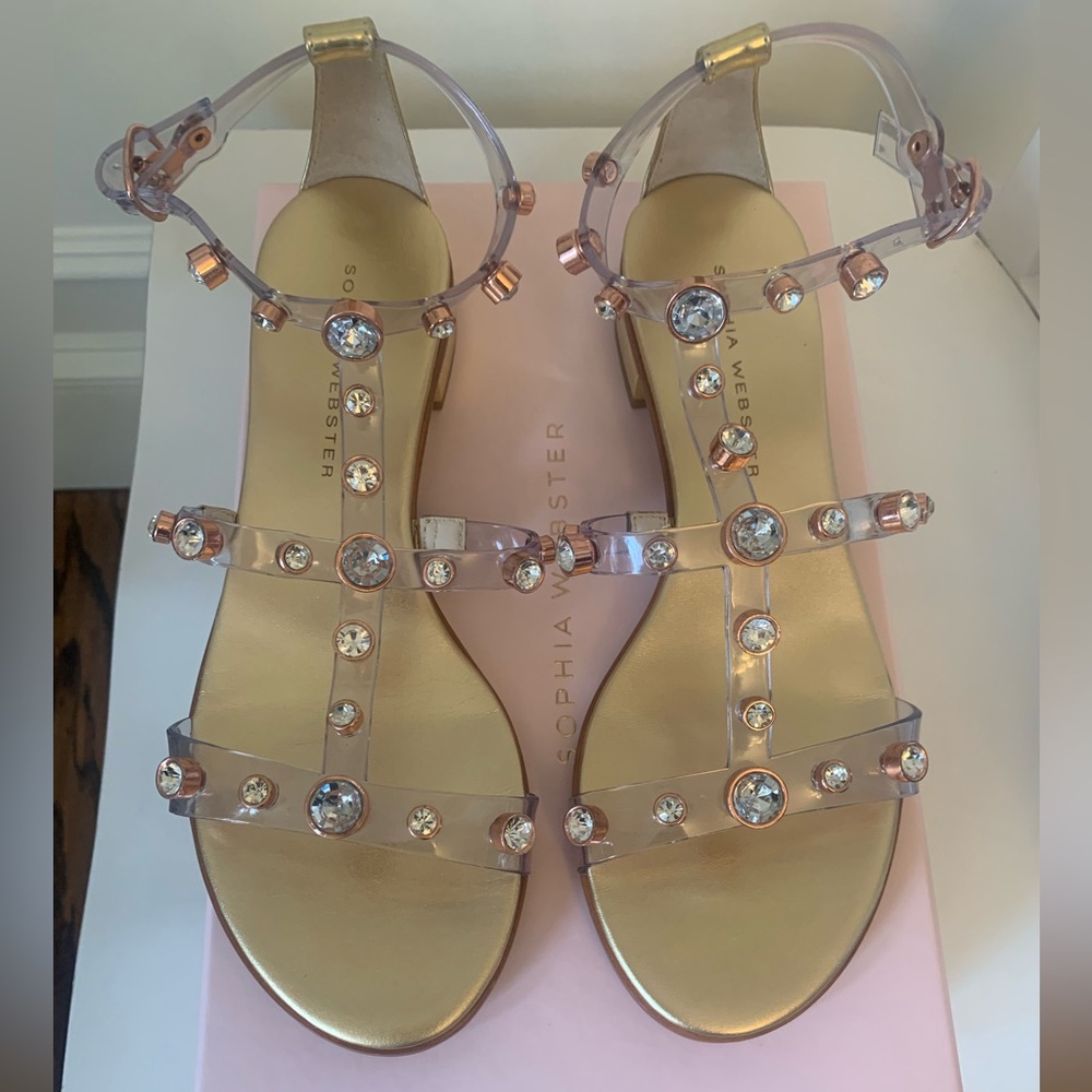 Sophia Webster Dina Flat Sandal Gold Silver rhinestone jelly Sz 39 NEW w/ box - Picture 6 of 16